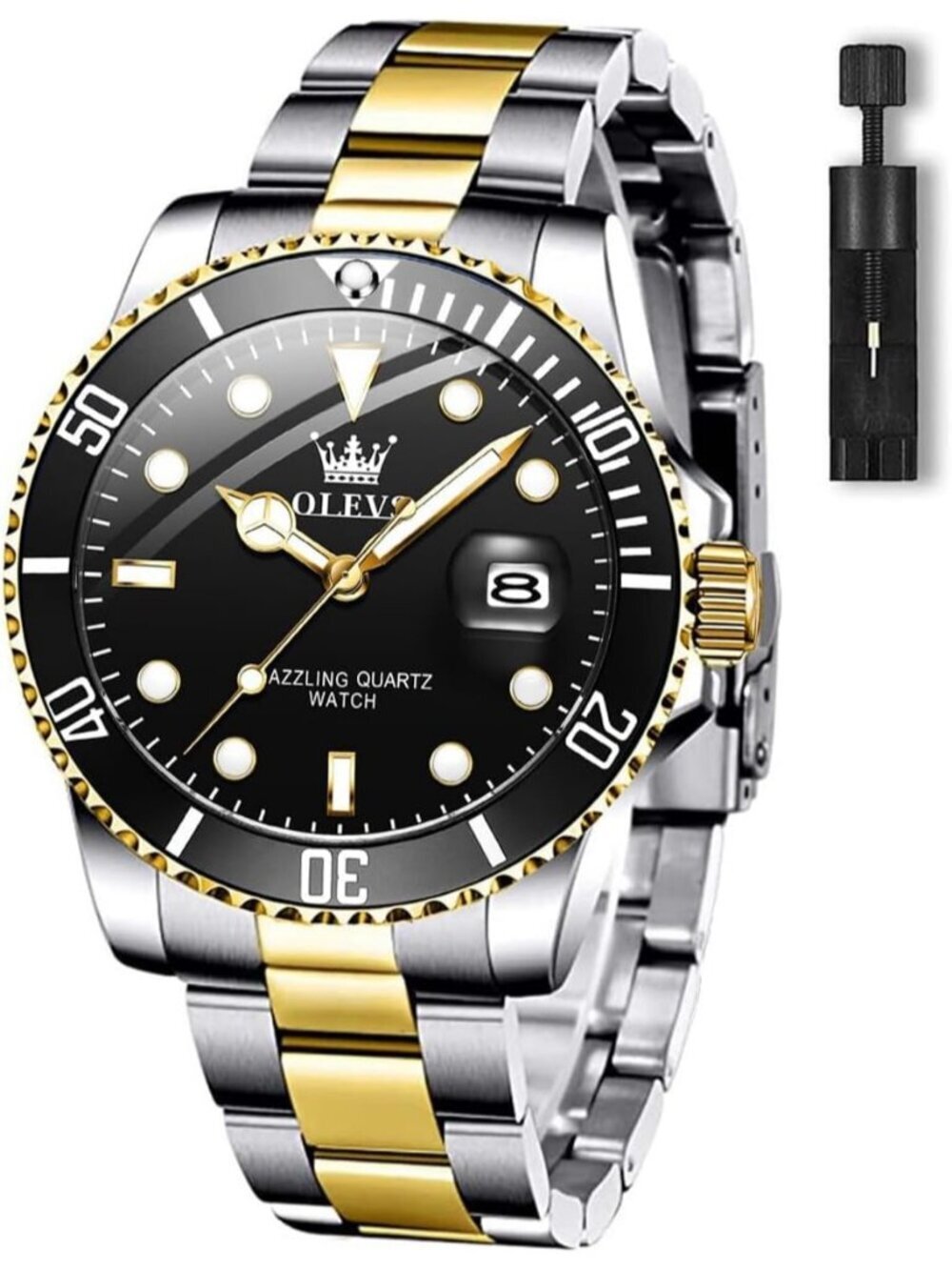 Mens Black Premium Gold and Silver Stainless Analog Rotatable Bezel Steel Watch